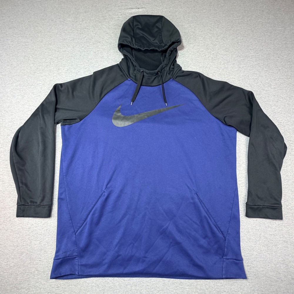 Nike Dri-FIT Hoodie Mens XXLT Blue Black Swoosh Pullover Training Sweatshirt